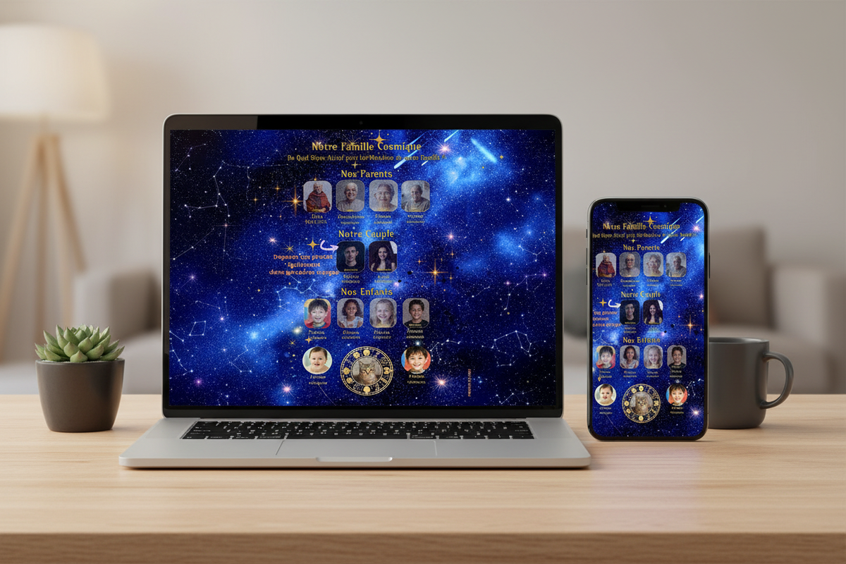 Notre Famille Cosmique – Mockup écran de veille PC et mobile